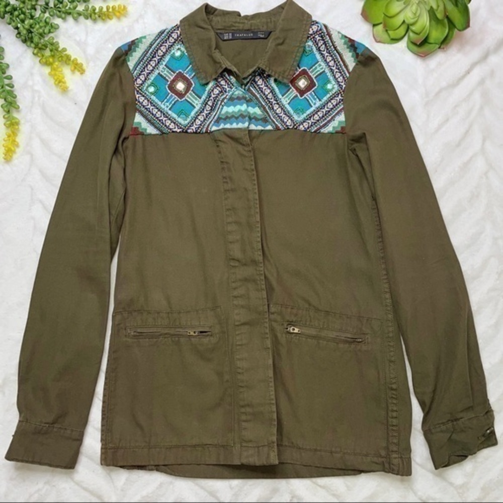 Zara Beaded Embroidered Mirror Army Military Jacket Shacket in Olive Green XS